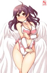 Rule 34 | 1girl, alternate costume, angel leotard, angel wings, arm warmers, artist logo, breasts, choker, collarbone, cowboy shot, dated, dragon quest, dragon quest v, earrings, embarrassed, gluteal fold, hagikaze (kancolle), hair between eyes, highres, jewelry, kanon (kurogane knights), kantai collection, leotard, long hair, looking at viewer, medium breasts, multiple wings, navel, necklace, one-hour drawing challenge, one side up, pink leotard, print leotard, purple hair, simple background, solo, white background, white leotard, wings, yellow eyes