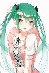 Rule 34 | 1girl, :p, absurdres, alternate costume, ame 816, apron, black bow, black ribbon, bow, closed mouth, dress shirt, enmaided, green eyes, green hair, hair between eyes, hair bow, hatsune miku, highres, long hair, maid, neck ribbon, pink apron, ribbon, shirt, short sleeves, simple background, smile, solo, tongue, tongue out, twintails, upper body, very long hair, vocaloid, white background, white shirt