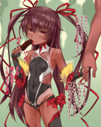 Rule 34 | 1boy, 1girl, aged down, bare shoulders, black gloves, black thighhighs, brown eyes, brown hair, chocolate banana, covered erect nipples, covered navel, cowboy shot, eating, elbow gloves, fingerless gloves, flat chest, frills, gekkou (geccomajin), gloves, hair ribbon, high collar, highres, holding hands, leotard, long hair, mizuki yukikaze, open mouth, parody, revealing clothes, ribbon, sexually suggestive, size difference, standing, taimanin (series), taimanin yukikaze, tan, tanline, thighhighs, tongue, tongue out, translation request, twintails