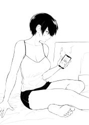 Rule 34 | 1girl, absurdres, bare shoulders, barefoot, breasts, cellphone, cleavage, commentary, english commentary, greyscale, gym shorts, highres, indian style, large breasts, monochrome, musical note, norman maggot, olive laurentia, original, phone, pixie cut, shirt, short hair, short shorts, shorts, sitting, smartphone, solo, sweat, sweatdrop, tank top