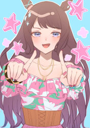 Rule 34 | 1girl, absurdres, animal ears, bare shoulders, bead bracelet, beads, blue background, blue eyes, blush, bracelet, breasts, brown hair, cleavage, commentary request, dress, ear ornament, ear piercing, highres, horse ears, horse girl, isana615, jewelry, long hair, looking at viewer, medium breasts, multicolored clothes, multicolored dress, nail polish, necklace, official alternate costume, official alternate hairstyle, open mouth, piercing, pink dress, pink nails, pointing, pointing up, scrunchie, simple background, smile, solo, star (symbol), tosen jordan (aurore vacances) (umamusume), tosen jordan (umamusume), umamusume, upper body, wrist scrunchie