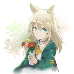 Rule 34 | 1girl, animal ear fluff, animal ears, arknights, bow, brown hair, closed mouth, collared shirt, e-bushi, flower, green eyes, green jacket, hair between eyes, highres, holding, jacket, long hair, long sleeves, looking at viewer, open clothes, open jacket, pink flower, podenco (arknights), puffy long sleeves, puffy sleeves, red flower, shirt, simple background, smile, solo, vase, white background, white shirt, yellow bow, yellow flower