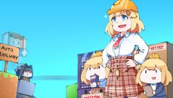 Rule 34 | 4girls, :d, :x, absurdres, blonde hair, blue eyes, blue hair, blue sky, chain, chain headband, chibi, day, english text, hair intakes, hair ornament, hands on own hips, hard hat, head chain, helmet, highres, hololive, hololive english, jewelry, juice box, long sleeves, looking away, minecraft, multiple girls, necktie, open mouth, ouro kronii, plaid, plaid skirt, red necktie, restrained, rope, sitting, skirt, sky, smile, smol ame, sparkle, standing, vending machine, virtual youtuber, walfie (style), watson amelia, zaniaii, | |