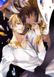 Rule 34 | 2boys, blonde hair, brown hair, cape, dark-skinned male, dark skin, earrings, falling, fate/grand order, fate/prototype, fate/prototype: fragments of blue and silver, fate/zero, fate (series), gilgamesh (fate), jewelry, male focus, multiple boys, necklace, official alternate costume, ozymandias (fate), pvc parfait, red eyes, yaoi, yellow eyes