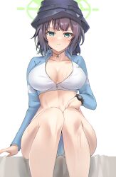 Rule 34 | 1girl, absurdres, aqua eyes, bare legs, black headwear, blue archive, blush, breasts, cleavage, commentary request, crop top, feet out of frame, grey hair, highres, large breasts, long sleeves, looking at viewer, midriff, saki (blue archive), saki (swimsuit) (blue archive), short hair, simple background, sitting, solo, stomach, thighs, white background, yahan (mctr5253)