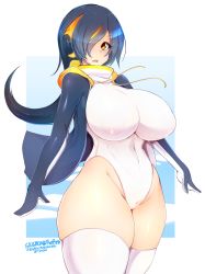 Rule 34 | 10s, 1girl, bad id, bad tumblr id, black hair, blush, breasts, covered navel, curvy, emperor penguin (kemono friends), gloves, hair over one eye, headphones, highres, hood, hooded jacket, huge breasts, jacket, kemono friends, long hair, looking at viewer, navel, open mouth, parted lips, skindentation, slugbox, solo, sweat, thick thighs, thighhighs, thighs, wide hips
