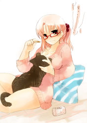 Rule 34 | 1girl, breasts, cat, glasses, medium breasts, midriff, misaki kozue, original, pink hair, ponytail, solo