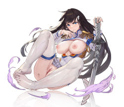 Rule 34 | 1girl, absurdres, ass, bad id, bad pixiv id, black hair, blue eyes, breasts, breasts out, censored, frown, full body, highres, jacket, junketsu, kill la kill, kiryuuin satsuki, lan xiezi, long hair, medium breasts, nipples, no bra, pointless censoring, pussy, reflective floor, serious, simple background, solo, sword, uncensored, weapon, wet, wet clothes, white background, white legwear