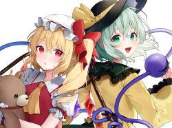 Rule 34 | 2girls, :d, ascot, back-to-back, black hat, blush, bow, commentary, crossed bangs, crying, eyelashes, flandre scarlet, floating hair, frilled shirt collar, frilled sleeves, frills, green eyes, green hair, hair between eyes, hand up, happy, hat, hat bow, highres, holding, holding stuffed toy, komeiji koishi, long sleeves, looking at viewer, looking back, medium hair, mob cap, multiple girls, open mouth, pointy ears, puffy short sleeves, puffy sleeves, red bow, red eyes, red vest, shirt, short sleeves, side ponytail, simple background, smile, stuffed animal, stuffed toy, teddy bear, teeth, third eye, touhou, trait connection, tsurime, upper body, upper teeth only, usushio, vest, white background, white hat, white shirt, wide sleeves, wings, yellow ascot, yellow bow, yellow shirt