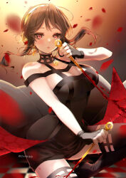 Rule 34 | 1girl, :o, absurdres, bare shoulders, black dress, black gloves, black hair, blood, breasts, checkered floor, cleavage, dagger, dress, earrings, falling petals, fingerless gloves, floral print, gloves, gold hairband, gold necklace, hair ornament, hairband, highres, holding, holding weapon, jewelry, knife, large breasts, looking at viewer, necklace, petals, red eyes, red petals, short hair with long locks, sidelocks, solo, spy x family, stiletto (weapon), timelessheaven, twitter username, two-sided dress, two-sided fabric, weapon, yor briar