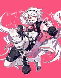 Rule 34 | 1girl, :d, absurdres, black footwear, black gloves, black hairband, black shirt, black shorts, boots, bow, elsword, eternity winner (elsword), gloves, hair bun, hairband, highres, jacket, jacket on shoulders, laby (elsword), long hair, looking at viewer, open mouth, pink background, pink bow, pink eyes, pohao, punching, sharp teeth, shirt, shorts, sidelocks, single hair bun, smile, solo, sparkle, teeth, thigh strap, very long hair, white hair, white jacket