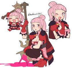 Rule 34 | 1girl, ^ ^, axe, black thighhighs, blood, boots, breasts, chibi, cleavage, closed eyes, do m kaeru, earrings, female focus, fire emblem, fire emblem: three houses, fire emblem warriors, fire emblem warriors: three hopes, gloves, hair bun, hilda valentine goneril, holding, holding weapon, jewelry, matching hair/eyes, nintendo, official alternate hairstyle, one eye closed, pink eyes, pink hair, red gloves, signature, simple background, single hair bun, smile, thighhighs, weapon, white background, wink
