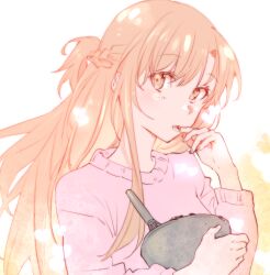 Rule 34 | 1girl, asuna (sao), bowl, brown eyes, brown hair, chocolate, chocolate on hand, food on hand, hair between eyes, holding, holding bowl, kohi alici, licking, licking finger, long hair, long sleeves, looking at viewer, pink shirt, shirt, solo, sword art online, upper body, whisk