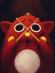 Rule 34 | :3, animal focus, black background, black eyes, cat, drumsticks, highres, holding, holding drumsticks, marking on cheek, mascot, mascot costume, no humans, nyango star, open mouth, original, pepe dcc, scar, scar on face, solo, upper body, yuru-chara