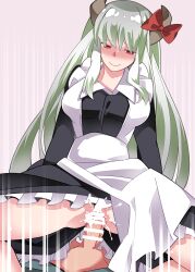 Rule 34 | 1boy, 1girl, absurdres, bar censor, censored, cowgirl position, cum, cum in pussy, hammer (sunset beach), highres, kamishirasawa keine, long hair, maid, red eyes, red ribbon, ribbon, simple background, source request, straddling, tagme, touhou