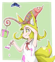 Rule 34 | 1girl, absurdres, animal, animal ears, animal on head, blonde hair, blush, bug, butterfly, chameleon, child, commentary request, doitsuken, dress, fang, fang out, fox ears, fox girl, fox tail, green background, highres, holding, holding paintbrush, insect, multiple tails, on head, original, paint, paint can, paint stains, paintbrush, short hair, smile, tail, two tails, white dress, wiping sweat, yellow eyes