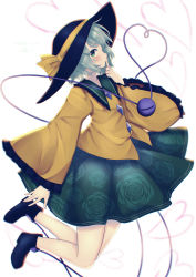 Rule 34 | 1girl, :/, black footwear, black hat, blouse, blush, boots, buttons, commentary request, dated, diamond button, eyeball, finger to mouth, flat chest, floating, floral print, frilled shirt collar, frilled sleeves, frills, full body, green eyes, green hair, green skirt, hat, hat ribbon, heart, heart of string, highres, kisamu (ksmz), knees, koishi day, komeiji koishi, long sleeves, looking at viewer, ribbon, rose print, shirt, short hair, sideways glance, signature, simple background, skirt, solo, string, third eye, touhou, white background, yellow ribbon, yellow shirt