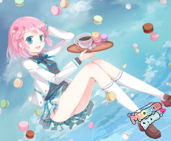 Rule 34 | 1girl, arm behind head, bad id, bad pixiv id, blue eyes, candy, cup, female focus, food, food-themed clothes, hair ornament, jin young-in, legs, looking at viewer, macaron, miniskirt, original, outdoors, panties, pantyshot, pastry, pink hair, plaid, plaid skirt, short hair, skirt, sky, solo, thighs, tray, underwear