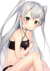Rule 34 | 10s, 1girl, amatsukaze (kancolle), asagi yuna, bare arms, bare legs, bare shoulders, black bra, black panties, blush, bra, closed mouth, criss-cross halter, from side, halterneck, highres, kantai collection, long hair, looking at viewer, navel, panties, parted bangs, shiny skin, silver hair, simple background, sitting, solo, two side up, underwear, underwear only, very long hair, white background, yellow eyes