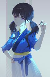Rule 34 | 1girl, black hair, blue kimono, closed mouth, furisode, hand on own hip, hand up, highres, inoue takina, japanese clothes, kimono, lettereast, long hair, looking at viewer, lycoris recoil, purple eyes, solo, twintails, upper body