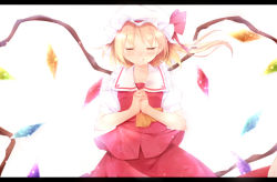 Rule 34 | 1girl, alza, ascot, blonde hair, blush, bow, crying, female focus, flandre scarlet, happy tears, hat, hat bow, letterboxed, own hands together, short hair, side ponytail, simple background, skirt, skirt set, smile, solo, tears, touhou, white background, wings