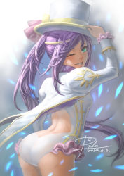Rule 34 | 1girl, arched back, ass, from behind, green eyes, grin, hat, leotard, looking at viewer, looking back, one eye closed, purple hair, puzzle &amp; dragons, ruka (p&amp;d), scotishfold, smile, solo, sparkle, standing, top hat, wink
