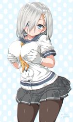 Rule 34 | 1girl, black pantyhose, blue eyes, blush, breasts, dd (ijigendd), eyes visible through hair, gloves, hair ornament, hair over one eye, hairclip, hamakaze (kancolle), highres, kantai collection, large breasts, looking at viewer, neckerchief, pantyhose, pleated skirt, school uniform, serafuku, short hair, short sleeves, silver hair, skirt, smile, solo, white gloves, yellow neckerchief
