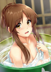 Rule 34 | 10s, 1girl, barrel, bath, blurry, blush, breasts, brown eyes, brown hair, depth of field, drum (container), eyebrows, idolmaster, idolmaster cinderella girls, long hair, looking at viewer, matching hair/eyes, mizinkoex, open mouth, short hair with long locks, small breasts, smile, solo, takamori aiko, towel