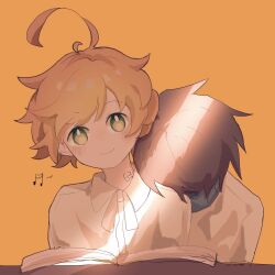Rule 34 | 1boy, 1girl, :&gt;, ahoge, akirarec, beamed sixteenth notes, black hair, blush, book, chinese commentary, commentary request, emma (yakusoku no neverland), green eyes, head on another&#039;s shoulder, head tilt, highres, looking at viewer, musical note, neck tattoo, number tattoo, open book, orange background, orange hair, ray (yakusoku no neverland), shirt, short hair, simple background, smile, table, tattoo, upper body, wavy hair, white shirt, yakusoku no neverland