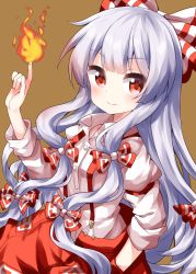 Rule 34 | 1girl, bow, brown background, closed mouth, collared shirt, fire, fujiwara no mokou, grey hair, hair bow, hand in pocket, highres, index finger raised, long hair, long sleeves, looking at viewer, multicolored bow, multiple bows, ofuda, ofuda on clothes, pants, pyrokinesis, red bow, red eyes, red pants, ruu (tksymkw), shirt, simple background, smile, solo, suspenders, touhou, very long hair, white bow, white shirt