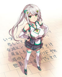 Rule 34 | &gt;:), arm warmers, text background, bare shoulders, black footwear, black skirt, bow, breasts, brick floor, cherno (are doujin), cleavage, cleavage cutout, closed mouth, clothing cutout, collared shirt, detached sleeves, from above, green bow, green eyes, hands on own hips, highres, hizuki miu, impossible clothes, impossible shirt, large breasts, long hair, looking at viewer, pleated skirt, shadow, shirt, shoes, side ponytail, silver hair, skirt, sleeveless, sleeveless shirt, smile, solo, standing, thighhighs, translation request, triangle hair ornament, v-shaped eyebrows, virtual youtuber, wactor production, white shirt, white sleeves, white thighhighs, wing collar