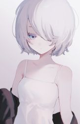 Rule 34 | 1girl, bare shoulders, black jacket, blue eyes, closed mouth, dress, grey hair, hair over one eye, highres, jacket, looking at viewer, migihidari (puwako), off shoulder, one eye covered, original, short hair, simple background, solo, white background, white dress