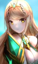 Rule 34 | 1girl, bare shoulders, blonde hair, breasts, chest jewel, cleavage, cleavage cutout, clothing cutout, earrings, gem, headpiece, highres, ippers, jewelry, large breasts, long hair, mythra (xenoblade), solo, swept bangs, tiara, very long hair, xenoblade chronicles (series), xenoblade chronicles 2, yellow eyes