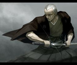 Rule 34 | 1boy, drawing sword, facial hair, fate/grand order, fate (series), goatee, grey hair, hair slicked back, hakama, hakama skirt, haori, highres, holding, holding sword, holding weapon, japanese clothes, katana, letterboxed, male focus, manly, sheath, skirt, solo, sword, ub1mo, weapon, yagyuu munenori (fate)