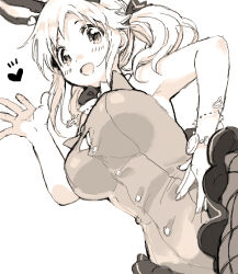 Rule 34 | 1girl, amezawa koma, animal ears, breasts, fake animal ears, greyscale, heart, idolmaster, idolmaster cinderella girls, large breasts, leotard, looking at viewer, monochrome, open mouth, playboy bunny, rabbit ears, simple background, sketch, smile, solo, totoki airi, twintails, waving