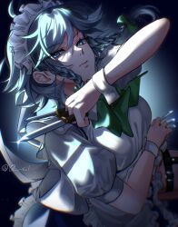 Rule 34 | 1girl, absurdres, apron, between fingers, blue skirt, bow, bowtie, braid, breasts, closed mouth, collared shirt, frilled apron, frilled skirt, frills, green bow, green bowtie, grey hair, highres, holding, holding knife, holster, izayoi sakuya, knife, knives between fingers, looking at viewer, maid, maid headdress, medium hair, puffy short sleeves, puffy sleeves, serious, shirt, short sleeves, skirt, small breasts, solo, thigh holster, touhou, twin braids, white apron, white shirt, white wrist cuffs, wrist cuffs, yoshino (q sci)