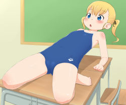 Rule 34 | 1girl, :o, arena (company), barefoot, blonde hair, child, classroom, copyright request, desk, eyebrows, feet, flat chest, full body, gluteal fold, hair ornament, hair ribbon, one-piece swimsuit, open mouth, ribbon, school, school desk, shiny skin, solo, swimsuit, tomboo, twintails