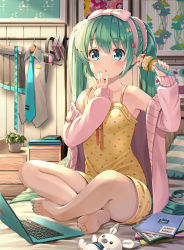 Rule 34 | 1girl, barefoot, bed, blouse, blue eyes, blush, book, camisole, computer, feet, food, full body, green hair, green nails, hair between eyes, hatsune miku, highres, ice cream, ice cream cone, indian style, indoors, laptop, long hair, nail polish, pillow, plant, potted plant, shirt, sitting, sleeveless, sleeveless shirt, soles, solo, stuffed toy, toenail polish, toenails, toes, twintails, very long hair, vocaloid, yuuka nonoko