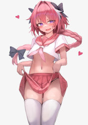 Rule 34 | 1boy, absurdres, astolfo (fate), astolfo (sailor paladin) (fate), black bow, black panties, bow, braid, braided ponytail, clothes lift, fang, fate/grand order, fate (series), grey background, hair between eyes, hair bow, hakusyokuto, heart, highres, lifting own clothes, looking at viewer, midriff, multicolored hair, navel, official alternate costume, open mouth, panties, pink sailor collar, pink skirt, purple eyes, red skirt, sailor collar, school uniform, serafuku, simple background, skin fang, skirt, skirt lift, stomach, streaked hair, sweat, thighhighs, thong, trap, underwear, white hair, white thighhighs, wide hips
