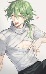 1boy clothing_cutout diamond_cutout ezreal green_hair heart heartsteel_ezreal highres kota_uro league_of_legends long_hair looking_at_viewer male_focus one_eye_closed pectoral_cleavage pectorals shirt short_hair solo tongue tongue_out white_shirt yellow_eyes