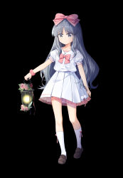 Rule 34 | 1girl, absurdres, black background, blush, bow, brown footwear, closed mouth, collarbone, collared shirt, flower, frilled skirt, frills, grey eyes, grey hair, hair bow, highres, holding, holding lantern, kneehighs, lantern, loafers, long hair, original, parted bangs, pink bow, pink flower, pink rose, pink scrunchie, pleated skirt, poppy (poppykakaka), puffy short sleeves, puffy sleeves, rose, scrunchie, see-through, shirt, shoes, short sleeves, simple background, skirt, socks, solo, very long hair, white shirt, white skirt, white socks, wrist scrunchie