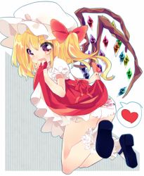 Rule 34 | 1girl, blonde hair, blush, bow, clothes lift, dress, dress lift, fang, female focus, flandre scarlet, frilled socks, frills, hat, hat ribbon, head rest, heart, kneeling, looking at viewer, mary janes, mob cap, morinaga kobato, open mouth, panties, pink eyes, print panties, puffy sleeves, red dress, red skirt, ribbon, shirt, shoes, short sleeves, side ponytail, skirt, smile, socks, solo, spoken heart, touhou, underwear, white panties, wings