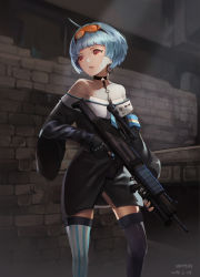 Rule 34 | 1girl, ahoge, armband, artist name, assault rifle, asymmetrical legwear, black gloves, black thighhighs, blue hair, blue nails, blunt bangs, brick wall, choker, dated, dress, earrings, eyebrows, eyewear on head, fingerless gloves, girls&#039; frontline, gloves, gun, highres, holding, holding gun, holding weapon, indoors, jewelry, kalashnikov rifle, looking away, looking to the side, mismatched legwear, nail polish, no lineart, open mouth, orange nails, red eyes, rifle, scope, short hair, solo, strapless, strapless dress, striped clothes, striped thighhighs, sunglasses, thick eyebrows, thigh strap, thighhighs, trigger discipline, vertical-striped clothes, vertical-striped thighhighs, weapon, wonton (642366769), zas m21 (girls&#039; frontline), zastava m21