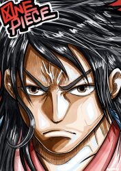 Rule 34 | 1boy, artist name, black hair, brown eyes, closed mouth, highres, japanese clothes, kouzuki momonosuke, kumo d7, long hair, male focus, one piece, solo, traditional clothes, v-shaped eyebrows