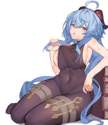 Rule 34 | 1girl, ahoge, areola slip, blue hair, blush, bodysuit, book, breasts, covered navel, full body, ganyu (genshin impact), genshin impact, goat horns, highres, horns, large breasts, long hair, looking at viewer, parted lips, purple eyes, sideboob, simple background, sitting, thighs, vierzeck, white background
