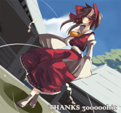 Rule 34 | 1girl, bow, brown hair, detached sleeves, dutch angle, female focus, gohei, hair bow, hair tubes, hakurei reimu, milestone celebration, japanese clothes, long hair, looking at viewer, miko, red eyes, sandals, shigen, solo, tabi, touhou, wide sleeves, wind