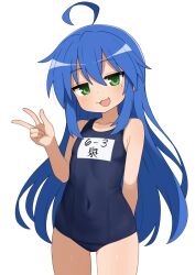 Rule 34 | 1girl, :3, :d, ahoge, arm behind back, blue hair, blue one-piece swimsuit, commentary, covered navel, cowboy shot, flat chest, green eyes, hand up, highres, izumi konata, jitome, long hair, looking at viewer, lucky star, mikoscrub, mole, mole under eye, navel, old school swimsuit, one-piece swimsuit, open mouth, school swimsuit, simple background, skin tight, smile, solo, standing, swimsuit, symbol-only commentary, thigh gap, thighs, very long hair, w, white background