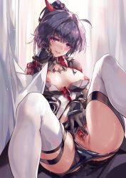 Rule 34 | 1girl, absurdres, armor, blush, breasts, clothing aside, gauntlets, grin, heart, heart-shaped pupils, highres, honkai (series), honkai impact 3rd, large breasts, lips, long hair, looking at viewer, nipples, ponytail, purple eyes, purple hair, pussy, raiden mei, raiden mei (danzai spectramancer), smile, spread legs, spread pussy, symbol-shaped pupils, teeth, thighhighs, uncensored, white thighhighs, zomzomzomsauce