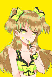 Rule 34 | 10s, 1girl, :3, alternate costume, blonde hair, body writing, bow, breasts, collarbone, cosmetics, english text, eyebrows, eyelashes, hair bow, holding, holding lipstick, idolmaster, idolmaster cinderella girls, jougasaki rika, lipstick mark, lipstick tube, long hair, looking at viewer, ohlala, simple background, small breasts, smile, solo, two side up, upper body, wrist cuffs, yellow background, yellow bow, yellow eyes