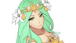 artist_name breasts cleavage collarbone fire_emblem fire_emblem:_three_houses flower green_eyes green_hair hair_flower hair_ornament nintendo rhea_(fire_emblem) shirt signature simple_background solo streyah white_background white_shirt